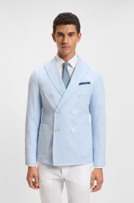 Slim-fit suit jacket in stretch-cotton seersucker, Blue Patterned