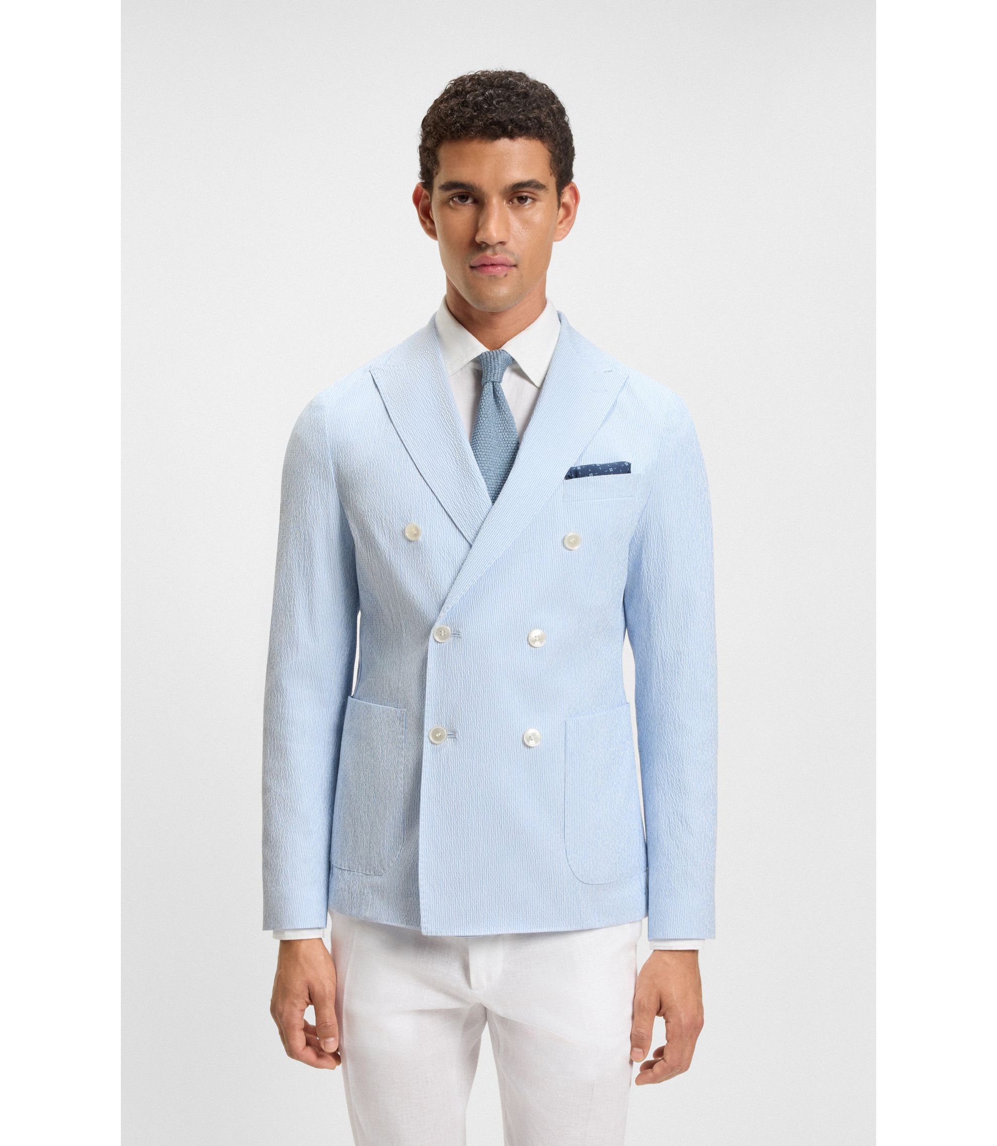 BOSS - Slim-fit suit jacket in stretch-cotton seersucker - Blue