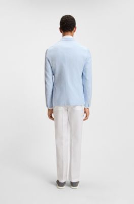 Slim-fit suit jacket in stretch-cotton seersucker, Blue Patterned
