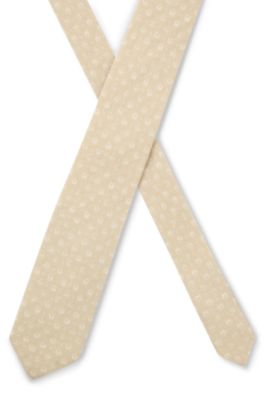Patterned tie in pure linen, Light Beige