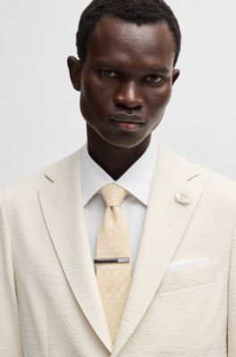 Patterned tie in pure linen, Light Beige