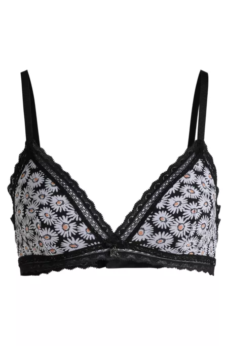 Daisy-print bra with lace trims