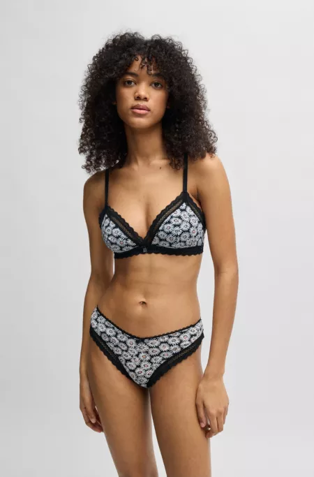 Daisy-print bra with lace trims