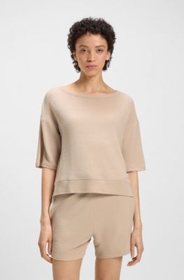 Felpa a coste con spacchi laterali, Beige chiaro