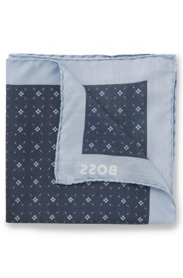Printed pocket square with logo border, Dark Blue