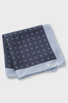 Printed pocket square with logo border, Dark Blue