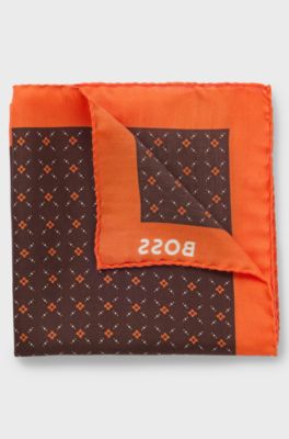Printed pocket square with logo border, Orange Patterned