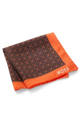 Printed pocket square with logo border, Orange Patterned