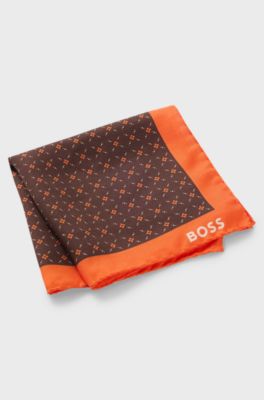 Printed pocket square with logo border, Orange Patterned