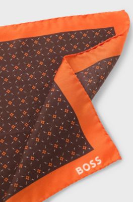 Printed pocket square with logo border, Orange Patterned