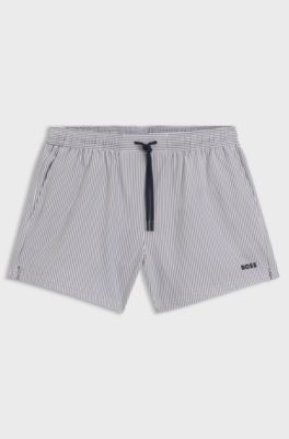 Swim shorts in seersucker fabric with embroidered logo, Dark Blue