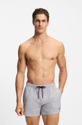 Short de bain en tissu seersucker avec logo brod&eacute;, Bleu fonc&eacute;