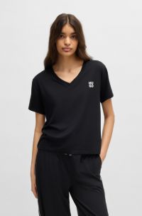 Pyjamashirt met V-hals en tweedelig logo, Zwart