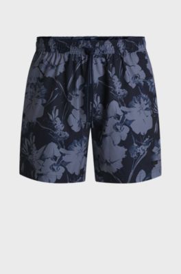 Floral-print swim shorts with side stripe, Dark Blue