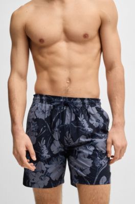 Floral-print swim shorts with side stripe, Dark Blue