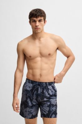 Floral-print swim shorts with side stripe, Dark Blue