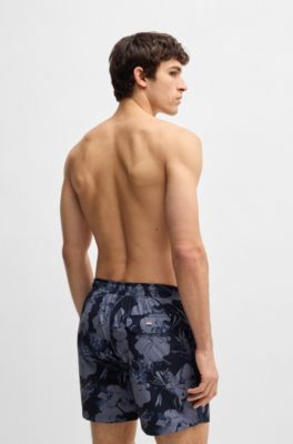 Floral-print swim shorts with side stripe, Dark Blue