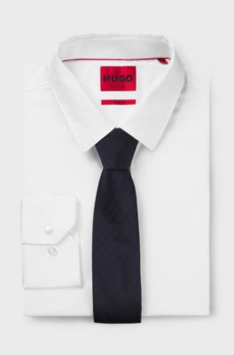 Diagonal-pinstripe tie in silk jacquard, Dark Blue