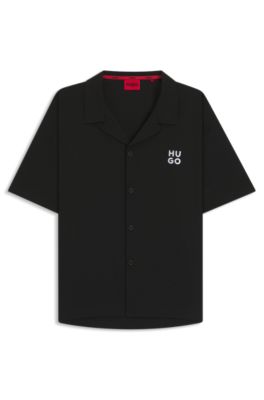 Regular-fit shirt in waffle fabric with embroidered logo, Black