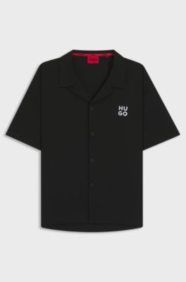 Regular-fit shirt in waffle fabric with embroidered logo, Black