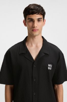 Regular-fit shirt in waffle fabric with embroidered logo, Black