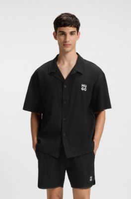 Regular-fit shirt in waffle fabric with embroidered logo, Black