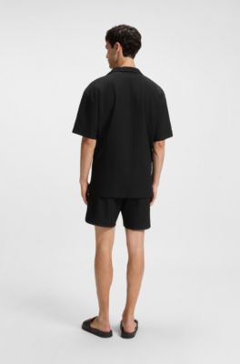 Regular-fit shirt in waffle fabric with embroidered logo, Black