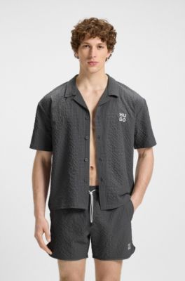 Regular-fit shirt in waffle fabric with embroidered logo, Grey