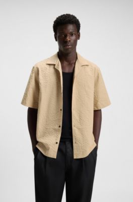 Oversized-fit shirt in cotton seersucker, Light Beige