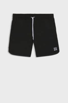 Waffle-structured swim shorts with embroidered stacked logo, Black