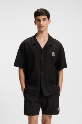 Waffle-structured swim shorts with embroidered stacked logo, Black