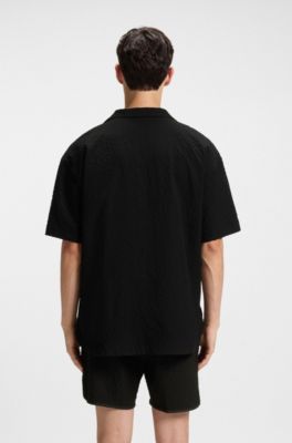 Waffle-structured swim shorts with embroidered stacked logo, Black