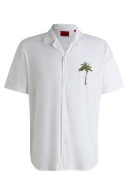 Camisa relaxed fit en algod&oacute;n con estampados de palmeras, Blanco