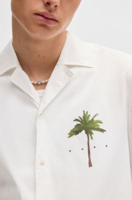 Camisa relaxed fit en algod&oacute;n con estampados de palmeras, Blanco