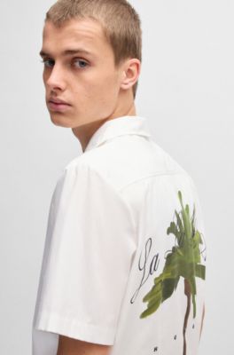Camisa relaxed fit en algod&oacute;n con estampados de palmeras, Blanco