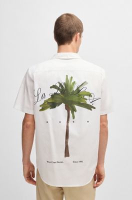 Camisa relaxed fit en algod&oacute;n con estampados de palmeras, Blanco