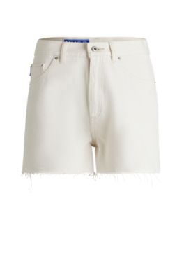 Ecru denim shorts with raw hem, White