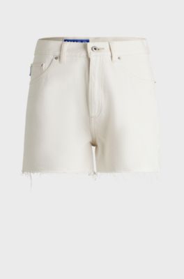 Ecru denim shorts with raw hem, White