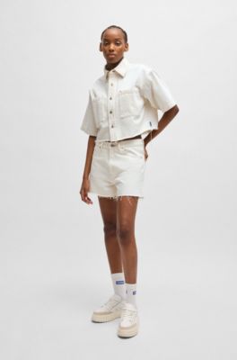 Ecru denim shorts with raw hem, White