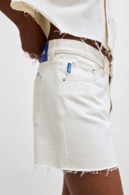 Ecru denim shorts with raw hem, White