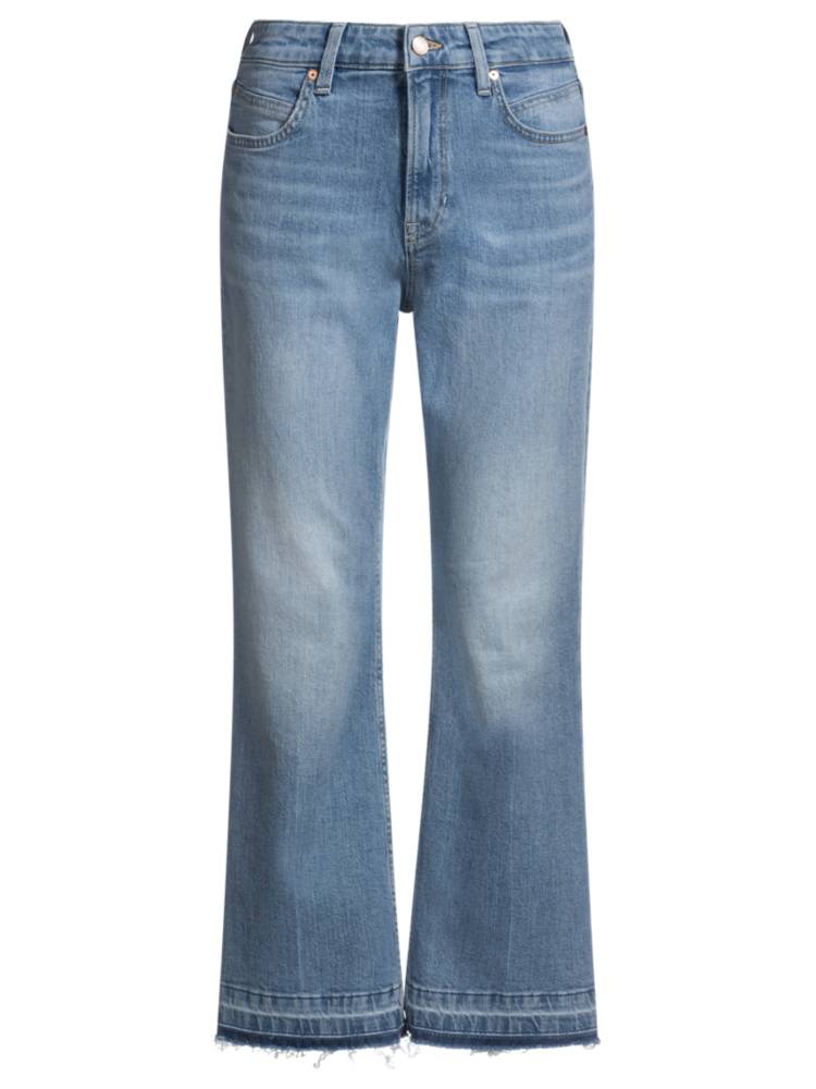 Artikel klicken und genauer betrachten! - Die BOSS Jeans mit verkürzter Beinlänge und ausgestelltem Beinverlauf passt perfekt zu Pfennigabsätzen. Aufgetrennter Saum mit offenen Kanten. Blauer Stretch-Denim. | im Online Shop kaufen