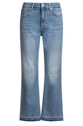 Cropped jeans in blue stretch denim with flared leg
