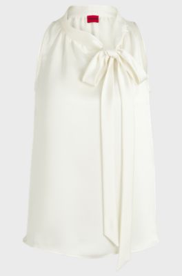 Sleeveless top in satin with tie neck, Natural