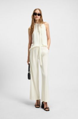 Sleeveless top in satin with tie neck, Natural