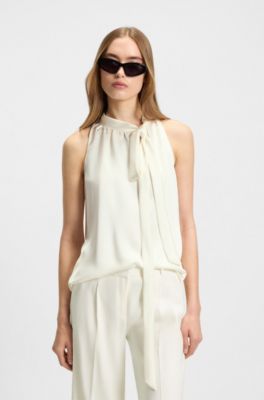 Sleeveless top in satin with tie neck, Natural