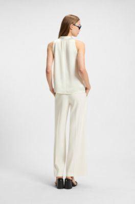 Sleeveless top in satin with tie neck, Natural