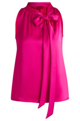 Sleeveless top in satin with tie neck, Pink