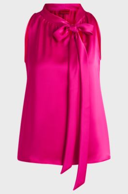 Sleeveless top in satin with tie neck, Pink