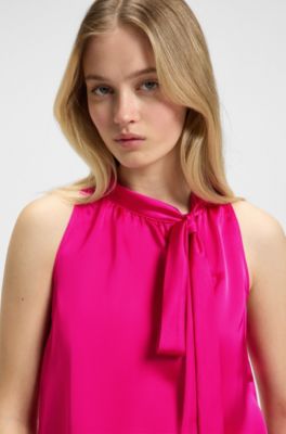 Sleeveless top in satin with tie neck, Pink