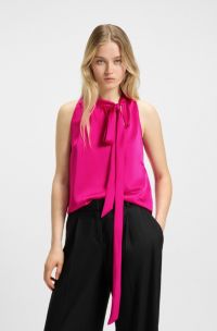 Sleeveless blouse in satin with tie neck, Pink